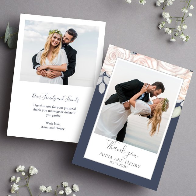 Elegant floral Wedding Vielen Dank Slate Blue Simp Dankeskarte (Elegant wedding thank you card with couple photo and blush watercolor floral design.)
