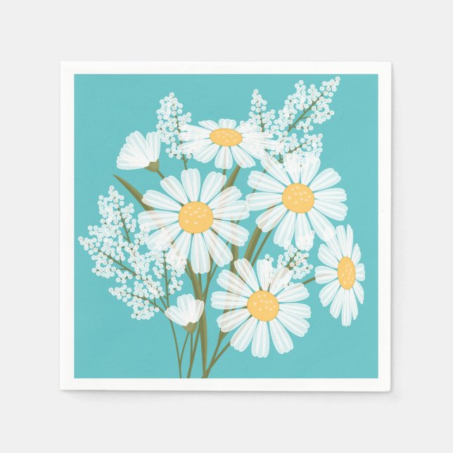 Elegant Floral White Daisies auf Aquamarin Serviette (Vorderseite)