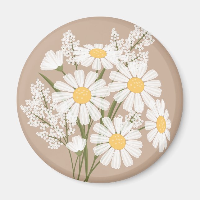Elegant Floral White Daisies auf Beige Magnet (Vorne)