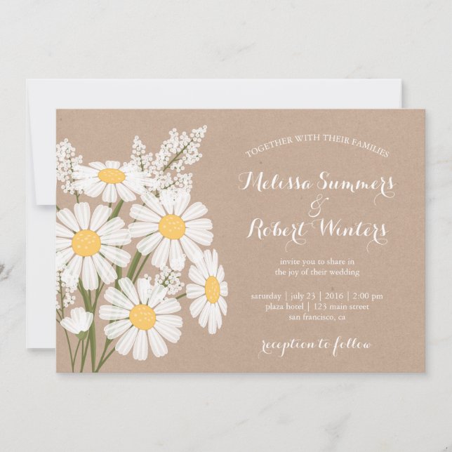 Elegant Floral White Daisies Beige Wedding Einladung (Vorderseite)