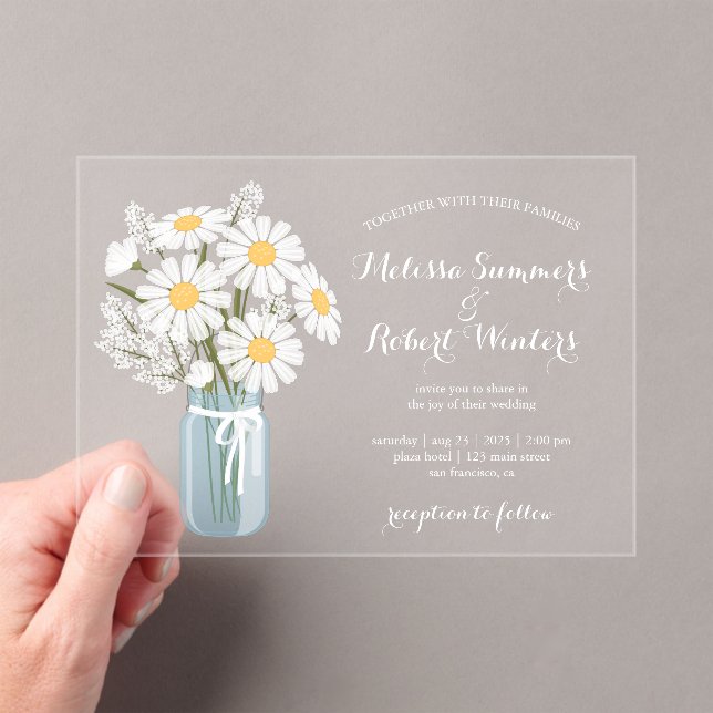 Elegant Floral White Daisies Mason Jar Wedding Acryleinladungen (Insitu (Handheld))