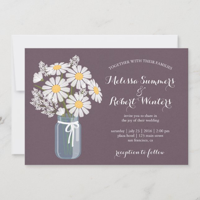 Elegant Floral White Daisies Mason Jar Wedding Einladung (Vorderseite)