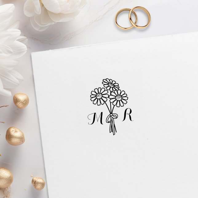 Elegant Floral White Daisies Monogram Wedding Gummistempel (Von Creator hochgeladen)