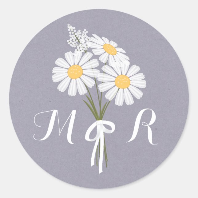 Elegant Floral White Daisies Monogram Wedding Runder Aufkleber (Vorderseite)