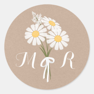 Elegant Floral White Daisies Monogram Wedding Runder Aufkleber