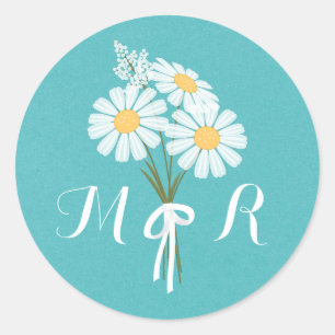 Elegant Floral White Daisies Monogram Wedding Runder Aufkleber