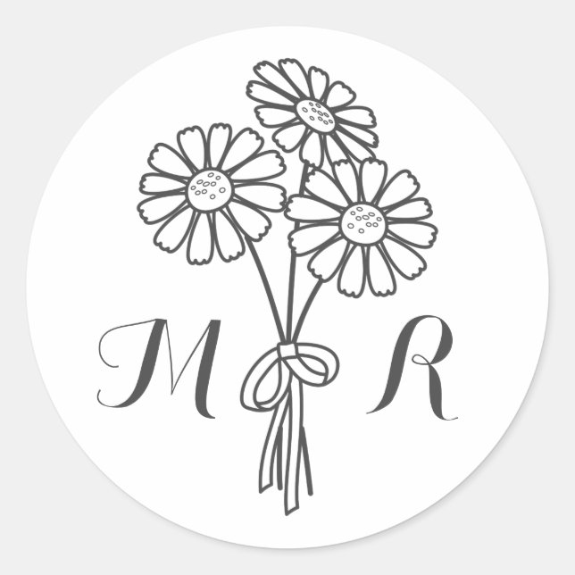 Elegant Floral White Daisies Monogram Wedding Runder Aufkleber (Vorderseite)