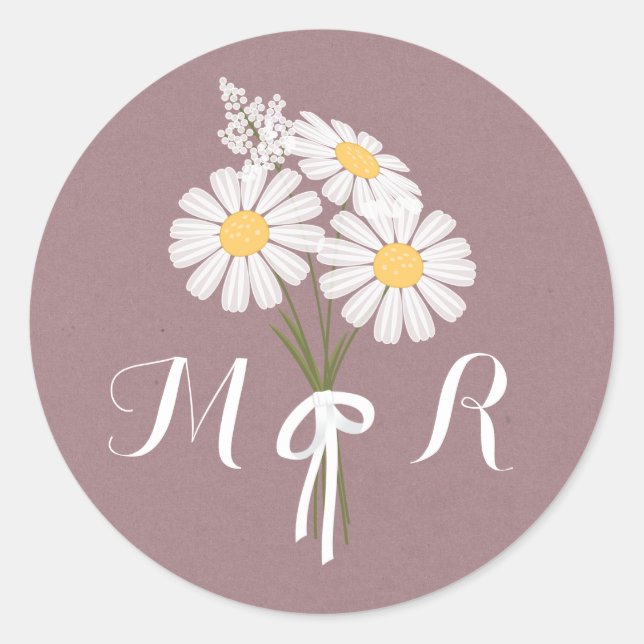 Elegant Floral White Daisies Monogram Wedding Runder Aufkleber (Vorderseite)