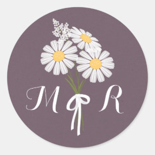 Elegant Floral White Daisies Monogram Wedding Runder Aufkleber