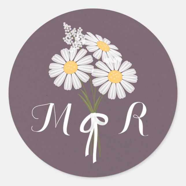 Elegant Floral White Daisies Monogram Wedding Runder Aufkleber (Vorderseite)
