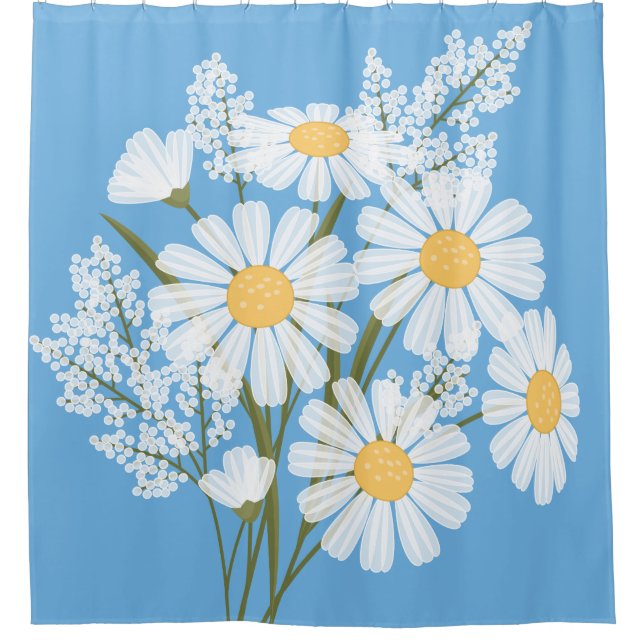 Elegant Floral White Daisies on Blue Duschvorhang (Vorderseite)