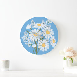 Elegant Floral White Daisies on Blue Große Wanduhr