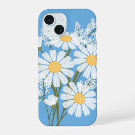 Elegant Floral White Daisies on Blue iPhone 15 Hülle