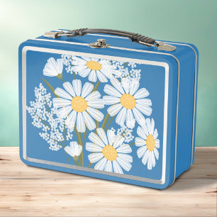 Elegant Floral White Daisies on Blue Metall Brotdose
