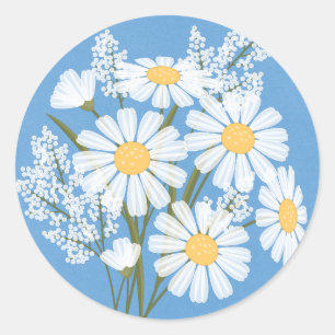 Elegant Floral White Daisies on Blue Wedding Runder Aufkleber