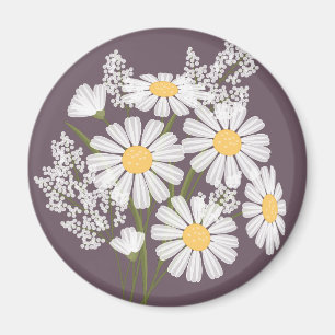 Elegant Floral White Daisies on Dark Lila Magnet