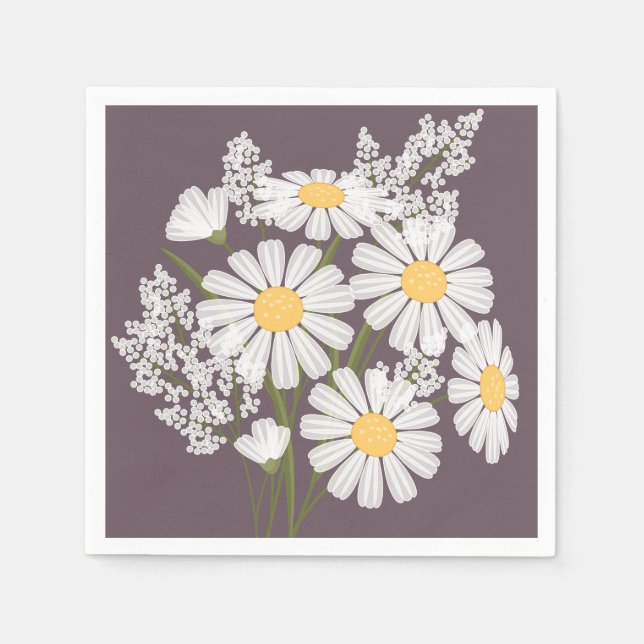 Elegant Floral White Daisies on Dark Lila Serviette (Vorderseite)