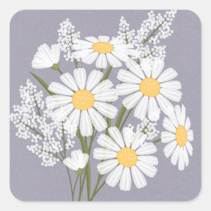Elegant Floral White Daisies on Lavender Wedding Quadratischer Aufkleber