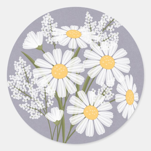 Elegant Floral White Daisies on Lavender Wedding Runder Aufkleber (Vorderseite)