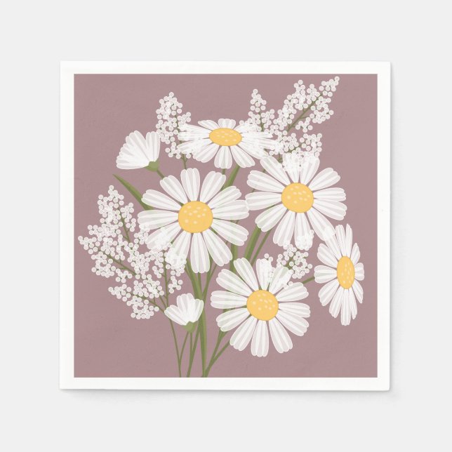 Elegant Floral White Daisies on Rosy Brown Serviette (Vorderseite)