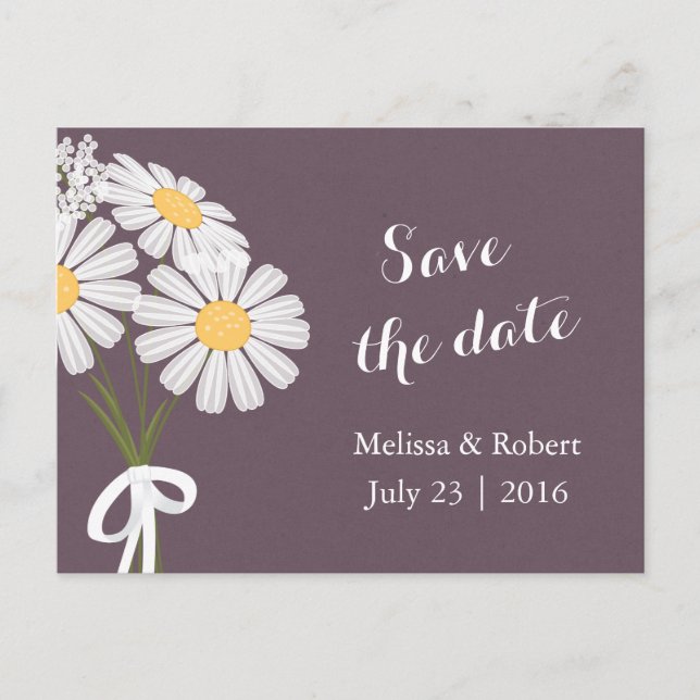 Elegant Floral White Daisies Plum Save the Date Ankündigungspostkarte (Vorderseite)