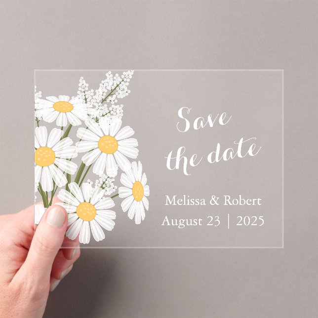 Elegant Floral White Daisies Save the Date Acryleinladungen (Insitu (Handheld))