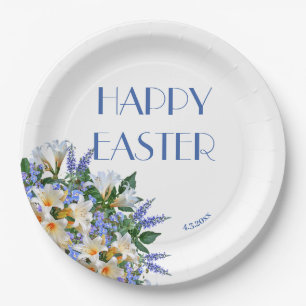 Elegant Floral White Lilies Blue 'Happy Oaster' Pappteller