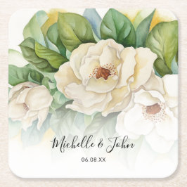 Elegant Floral White Magnolia Skriptnamen Hochzeit Rechteckiger Pappuntersetzer