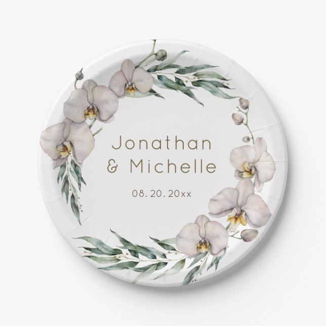 Elegant Floral White Orchids Personalized Wedding Pappteller (Vorderseite)
