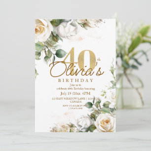 Elegant Floral White Roses & Gold 40. Geburtstag Einladung