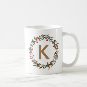 Elegant Floral Wreath Monogram Initial Christmas Kaffeetasse