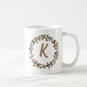 Elegant Floral Wreath Monogram Initial Christmas Kaffeetasse