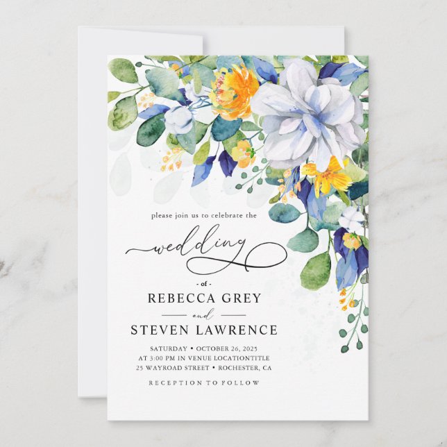 Elegant floral yellow and blue wedding photo einladung (Vorderseite)