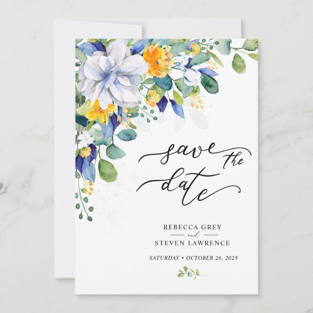 Elegant floral yellow blue wedding photo save the date (Vorderseite)