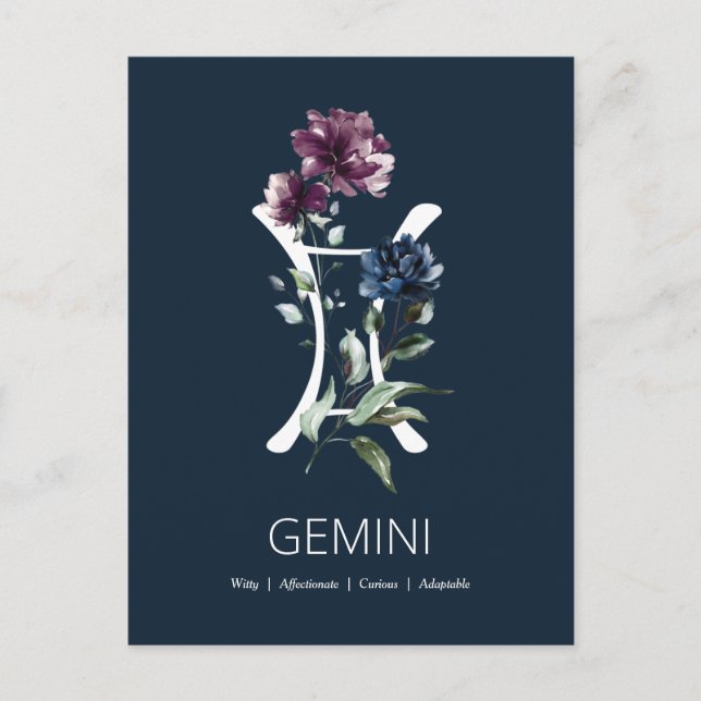 Elegant Floral Zodiac Star Sign Gemini Postkarte (Vorderseite)