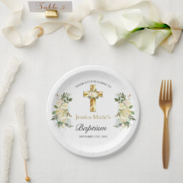 Elegant florale Gold Cross Taufe Vielen Dank Pappteller