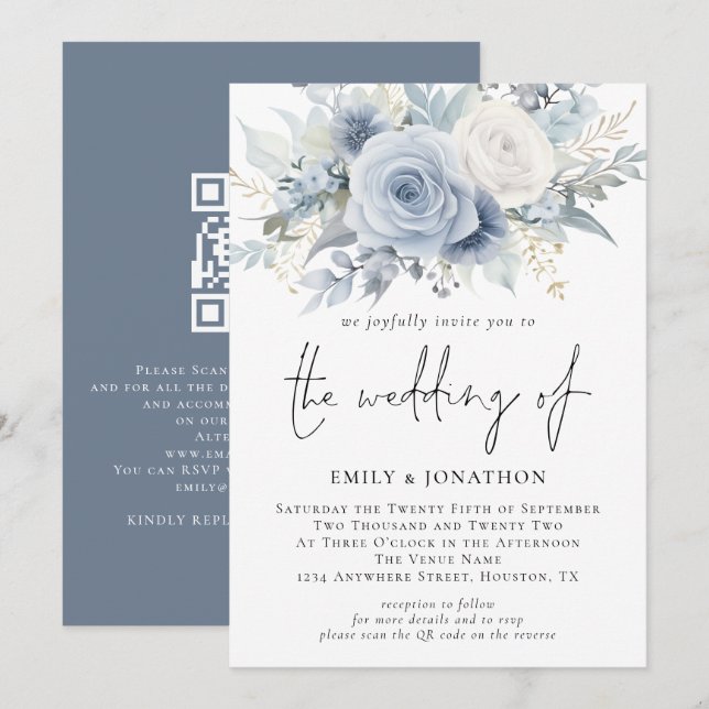 Elegant Florals QR Code Dusty Blue Wedding Einladung (Vorne/Hinten)