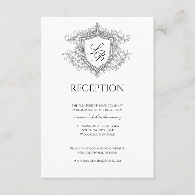Elegant Flourish Crest Monogram Reception Card Begleitkarte (Vorderseite)