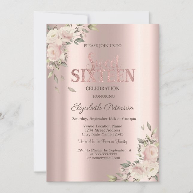 Elegant Flowers Rose Gold Sweet 16 Birthday Einladung (Vorderseite)