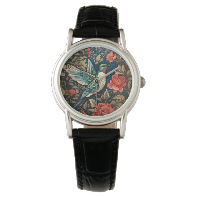 Elegant Flying Hummingbird William Morris Inspirie Armbanduhr (Vorderseite)