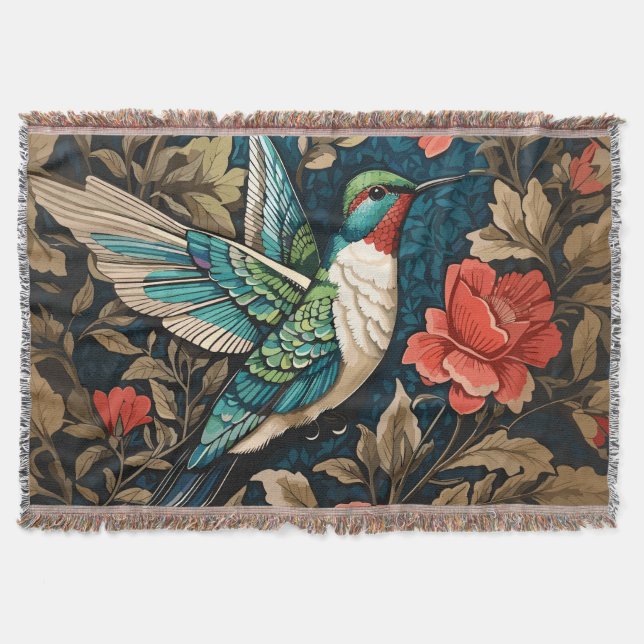 Elegant Flying Hummingbird William Morris Inspirie Decke (Vorderseite)