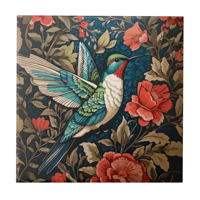 Elegant Flying Hummingbird William Morris Inspirie Fliese (Vorderseite)