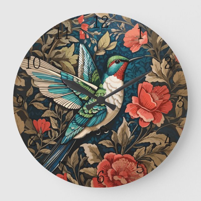Elegant Flying Hummingbird William Morris Inspirie Große Wanduhr (Vorderseite)