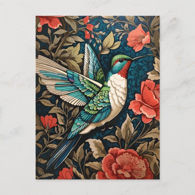 Elegant Flying Hummingbird William Morris Inspirie Postkarte (Vorderseite)