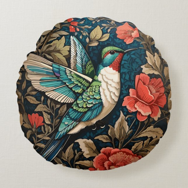 Elegant Flying Hummingbird William Morris Inspirie Rundes Kissen (Vorderseite)