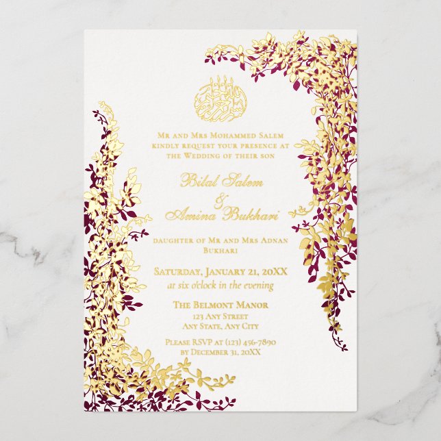 Elegant Foil and Dark Plum Leaf  Islamic Wedding Folieneinladung (Vorderseite)