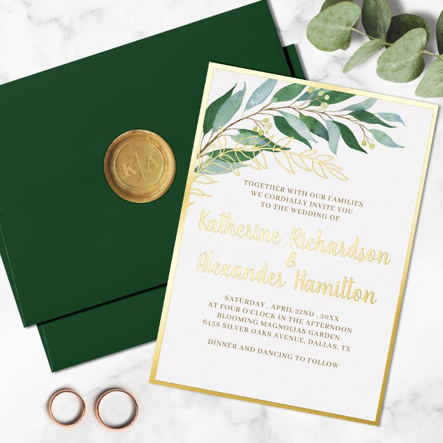 Elegant Foliage Botanical Gold Leaf Green Wedding  Folieneinladung (Von Creator hochgeladen)