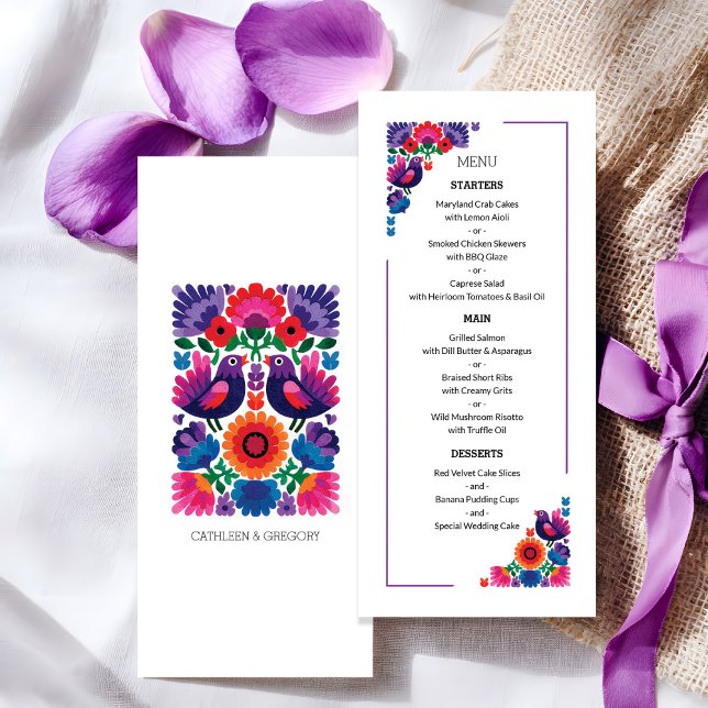 Elegant Folk Birds and Flowers Wedding Pattern Menükarte (Elegant Folk Birds and Flowers Pattern Wedding Menu)