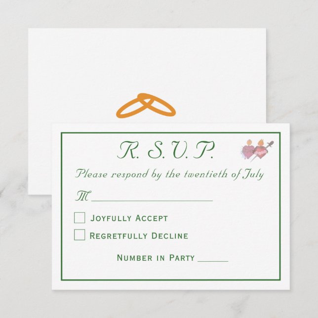 Elegant Forest Green Two Hearts Catholic Wedding  RSVP Karte (Vorne/Hinten)