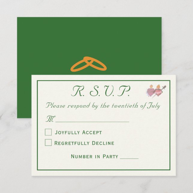 Elegant Forest Green Two Hearts Catholic Wedding  RSVP Karte (Vorne/Hinten)